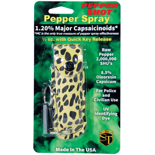 Pepper Shot 1.2% MC 1/2 Oz Pepper Spray Fashion Leatherette Holster And Quick Release Keychain Cheetah