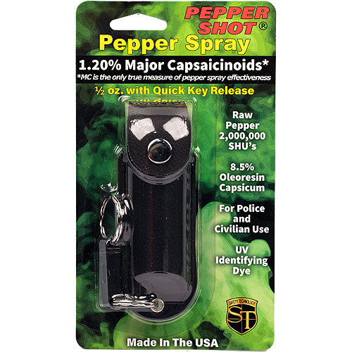 Pepper Shot 1.2% MC 1/2 Oz Pepper Spray Leatherette Holster And Quick Release Keychain