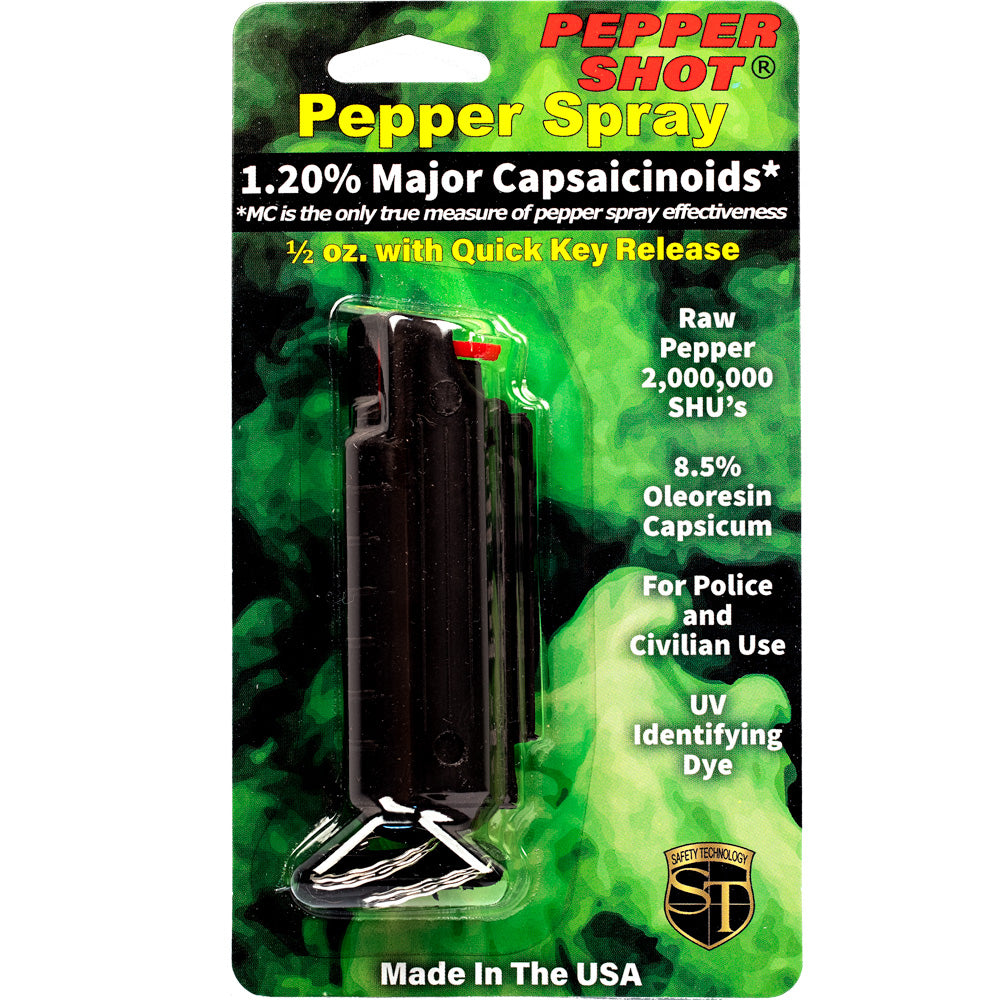 Pepper Shot 1.2% MC 1/2 Oz Pepper Spray Hard Case Belt Clip And Quick Release Keychain