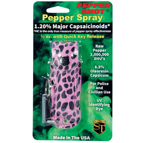 Pepper Shot 1.2% MC 1/2 Oz Pepper Spray Fashion Leatherette Holster And Quick Release Keychain Cheetah