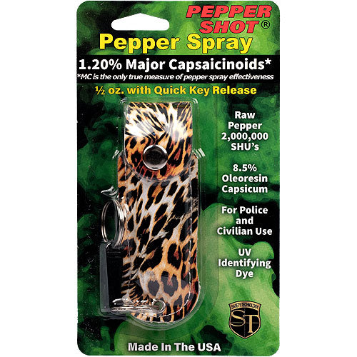 Pepper Shot 1.2% MC 1/2 Oz Fashion Leatherette Holster And Quick Release Key Chain Leopard Black/Orange