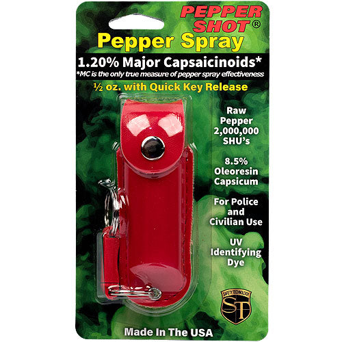 Pepper Shot 1.2% MC 1/2 Oz Pepper Spray Leatherette Holster And Quick Release Keychain Red