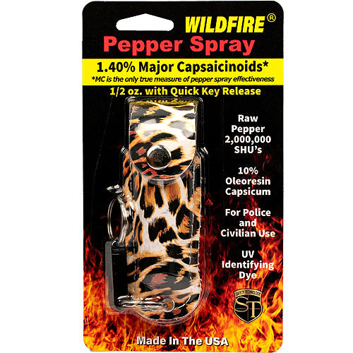 Wildfire 1.4% MC 1/2 Oz Pepper Spray Fashion Leatherette Holster And Quick Release Keychain Leopard Black/Orange